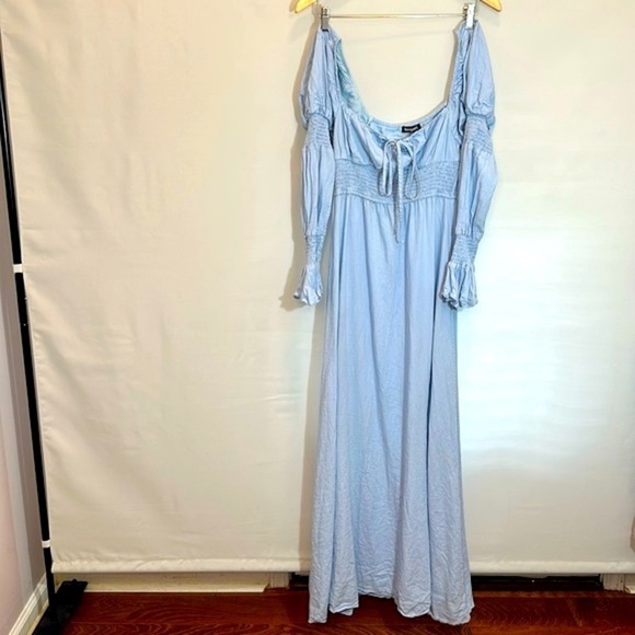 Serpenti Long Maxi Dress L Linen Blend Puff Sleeve Tie Front Neck Peasant Boho - Picture 1 of 15